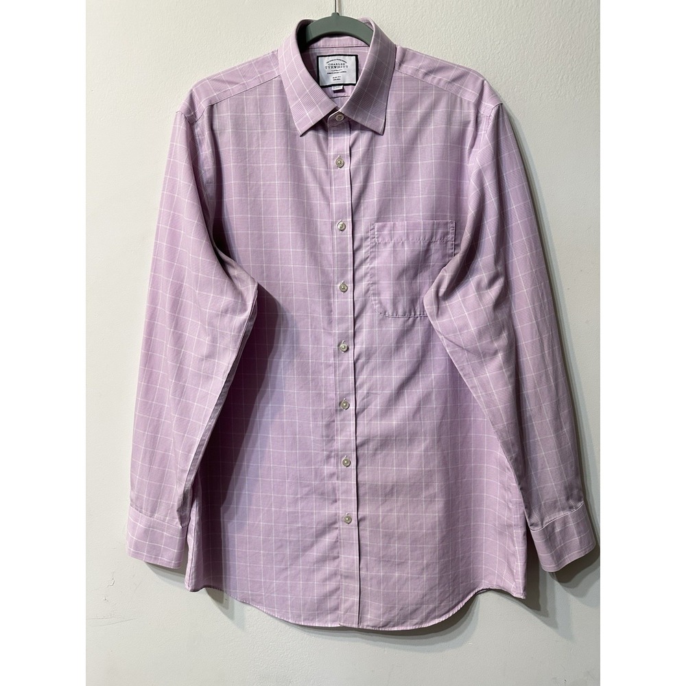 Charles Tyrwhitt Mens Dress Shirt 16.5 35 Slim Fit Non Iron Pink Plaid Cotton